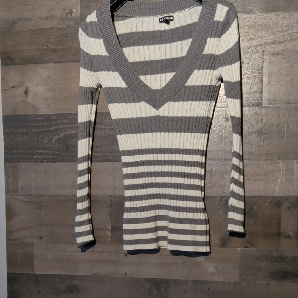 Express Gray and White Striped V-Neck Top